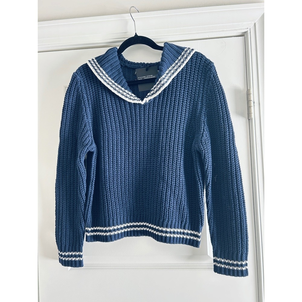 Marled Womens Navy Blue Sailor Collar Anchor Knit Sweater NWT S - Picture 2 of 3